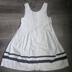 Janie and Jack Girls White Cotton Dress 5 Sleeveless Buttons Pocket Navy Stripes